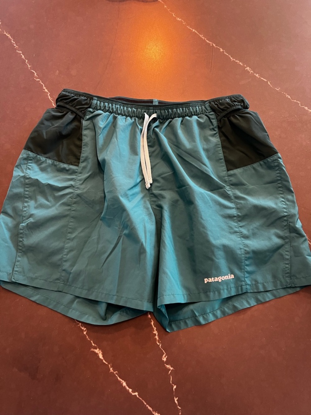 Patagonia Teal Athletic Shorts with Green Pocket Accents